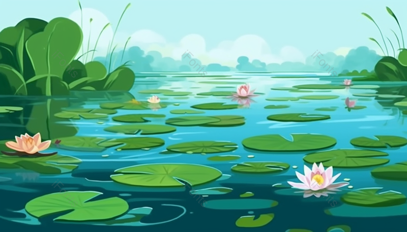 风景夏天夏至荷花盛开开花荷叶植物水面户外景色自然插画,插画/手绘图,插画/手绘图库,插画/手绘图下载,插画/手绘